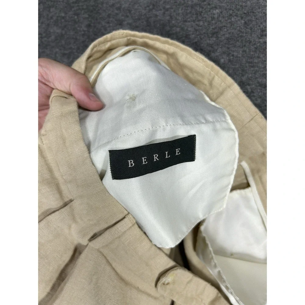 Vintage Berle Pants Mens 42x30 Beige 100% Linen Pleated Cuffed Dress 90s